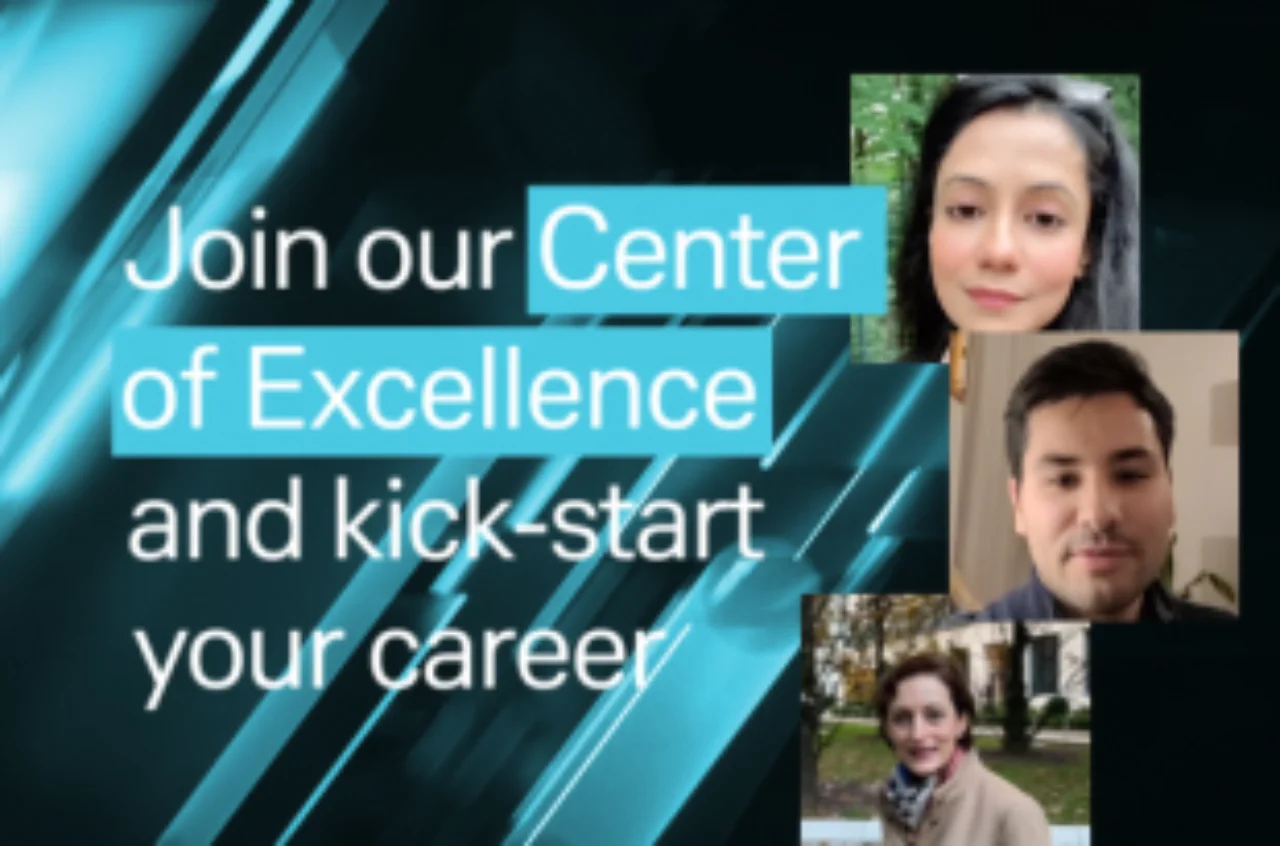 Center of Excellence Video Teaser mit Text: ${esc.q}Join our Center of Excellence and kick-start your career${esc.q}