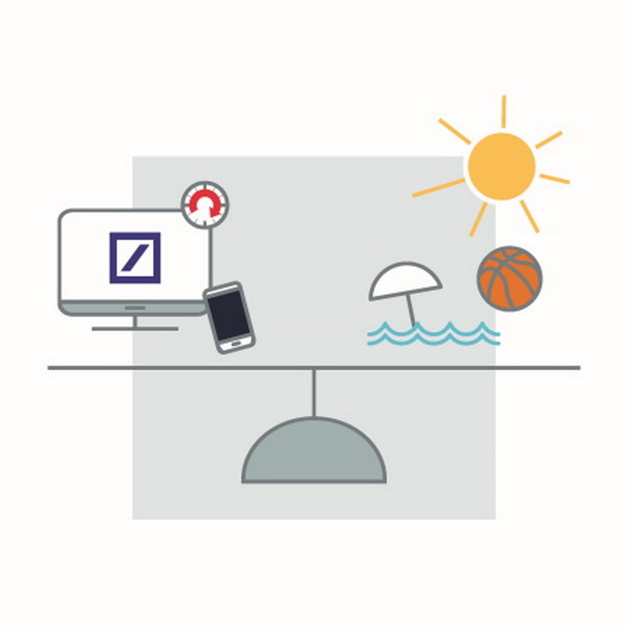 Arbeits- und Freizeit-Icons die auf einer Waage balancieren