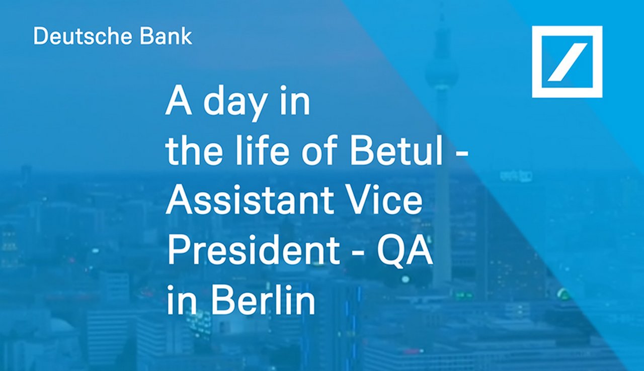 Abstract blue teaser with text: Deutsche Bank, a day in the life of Betül Assistant Vice President QA in Berlin