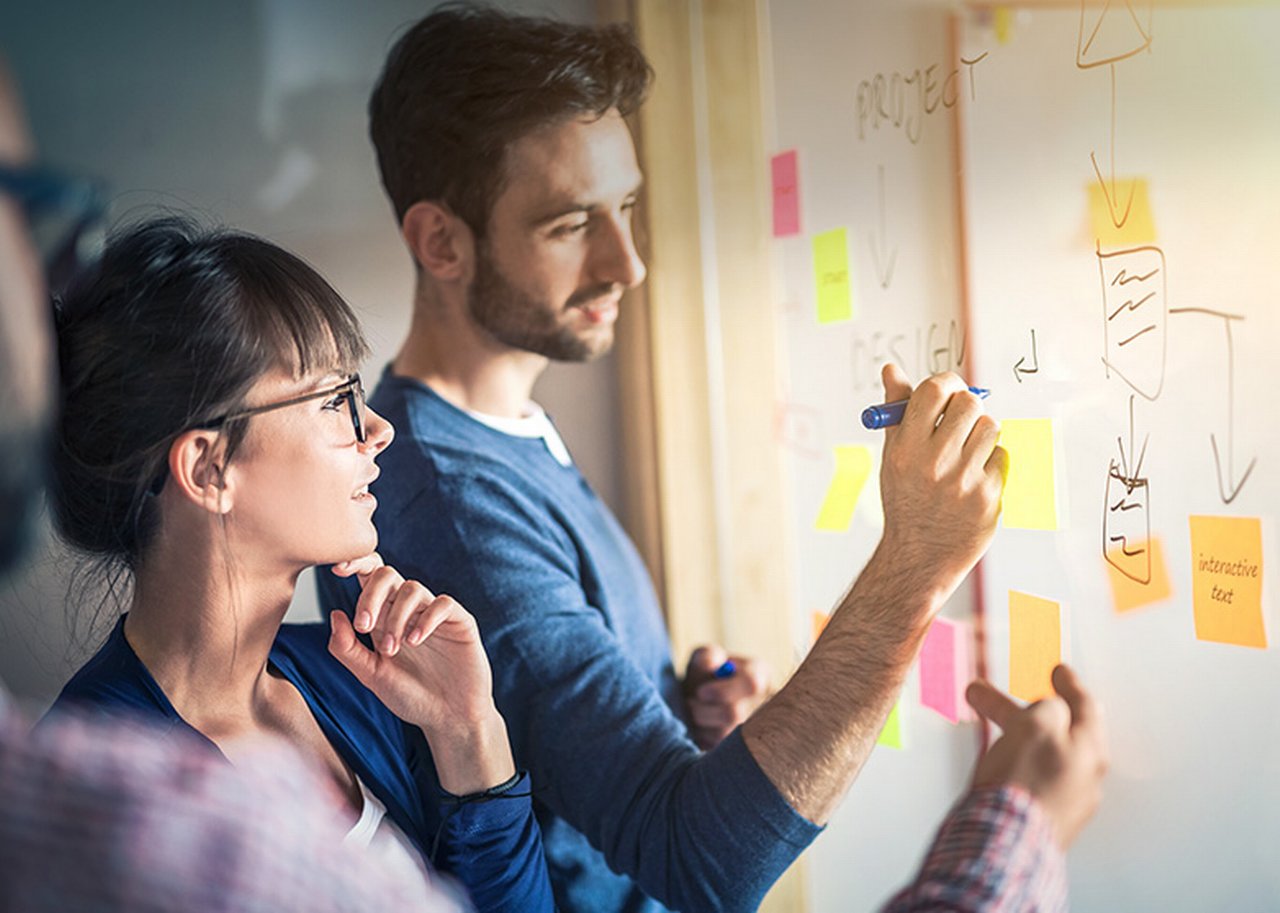 Two people in front of a whiteboard with post-its