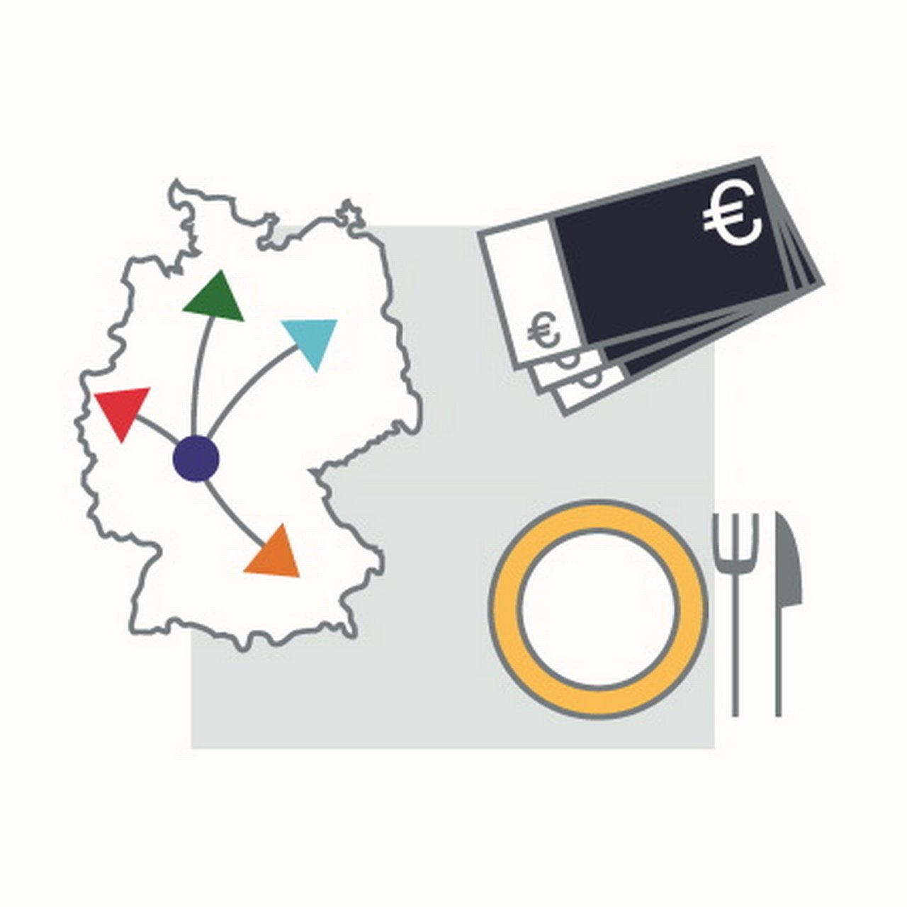 Karte mit möglichen Reisezielen innerhalb Deutschlands, Geld, Essen