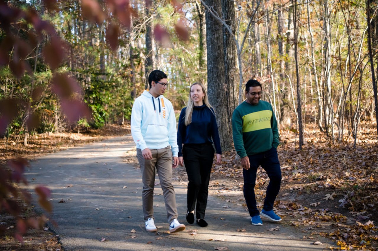 Three people waling in nature