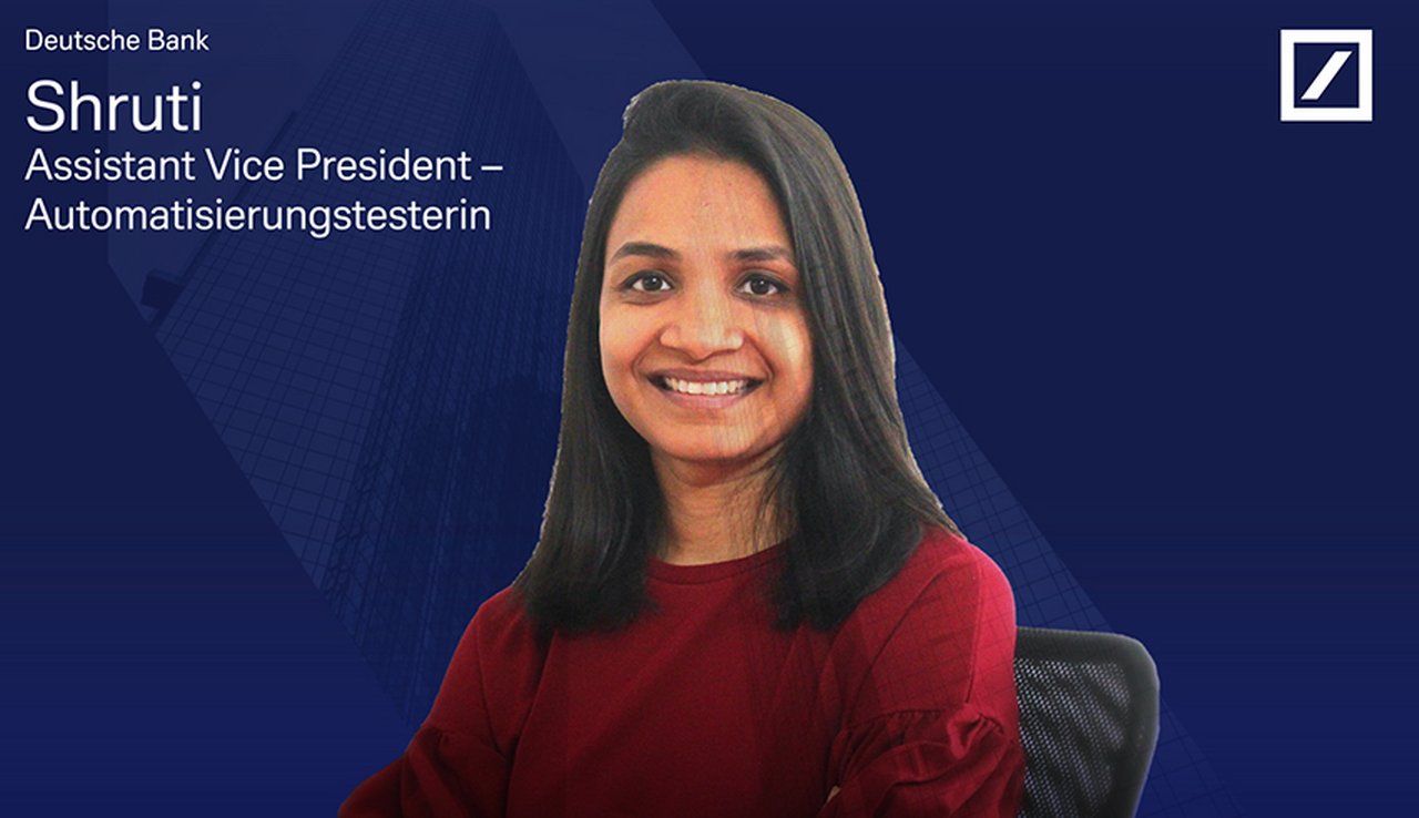 Woman in Red Pullover Smiling, Text on the Image: Deutsche Bank Shruti Assistant Vice President - Automatisationtester