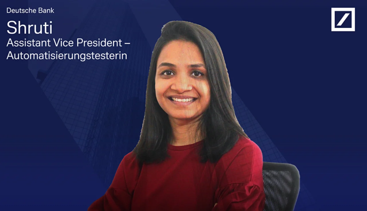 Woman in Red Pullover Smiling, Text on the Image: Deutsche Bank Shruti Assistant Vice President - Automatisationtester