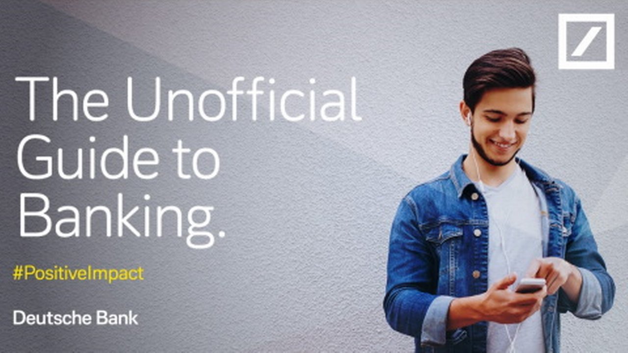 Text: ${esc.q}The unofficial guide to banking${esc.q} and a picture of a person with a cell phone and a denim jacket