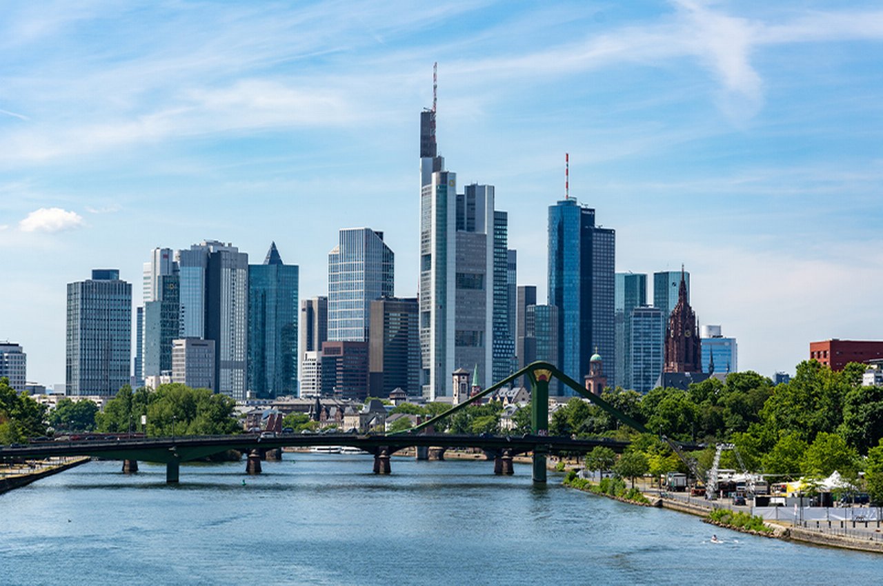 Frankfurt skyline with skyscrapers on the river Main