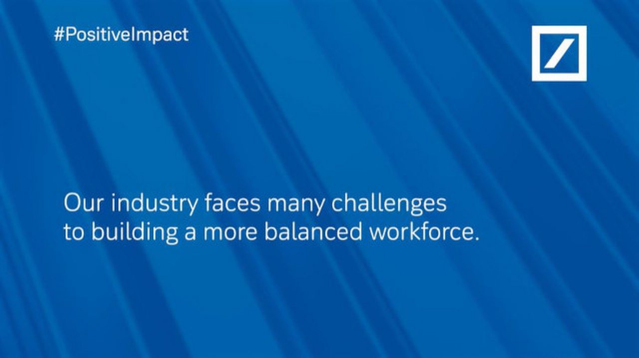 ${esc.q}Our industry faces many challenges to building a more balanced workforce.${esc.q} text against blue background