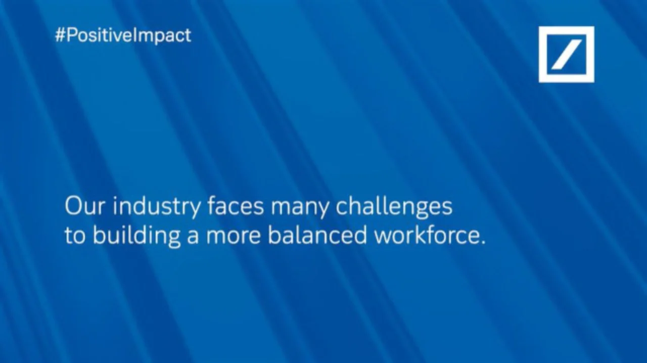 ${esc.q}Our industry faces many challenges to building a more balanced workforce.${esc.q} text against blue background
